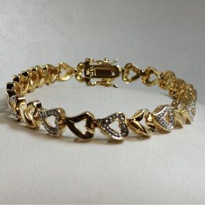 Sterling Silver Gold Played Diamond Heart Tennis Bracelet 7.5 Inch